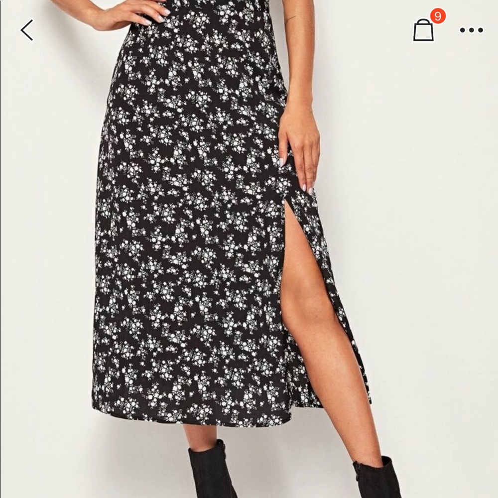 Floral Print Wide Band Waist High Split Skirt - L